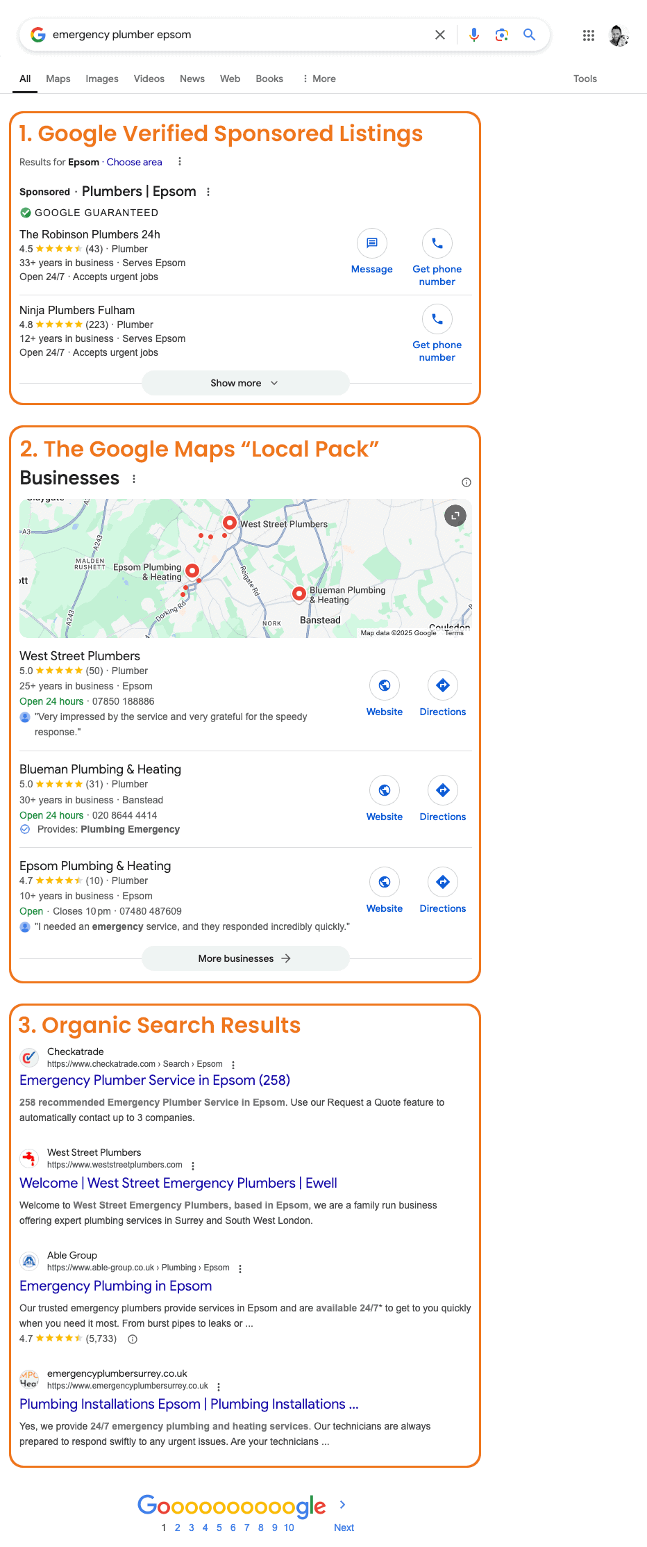 Screenshot showing a Google search results page for Epsom plumbers Screenshot showing a Google search results page for Epsom plumbers